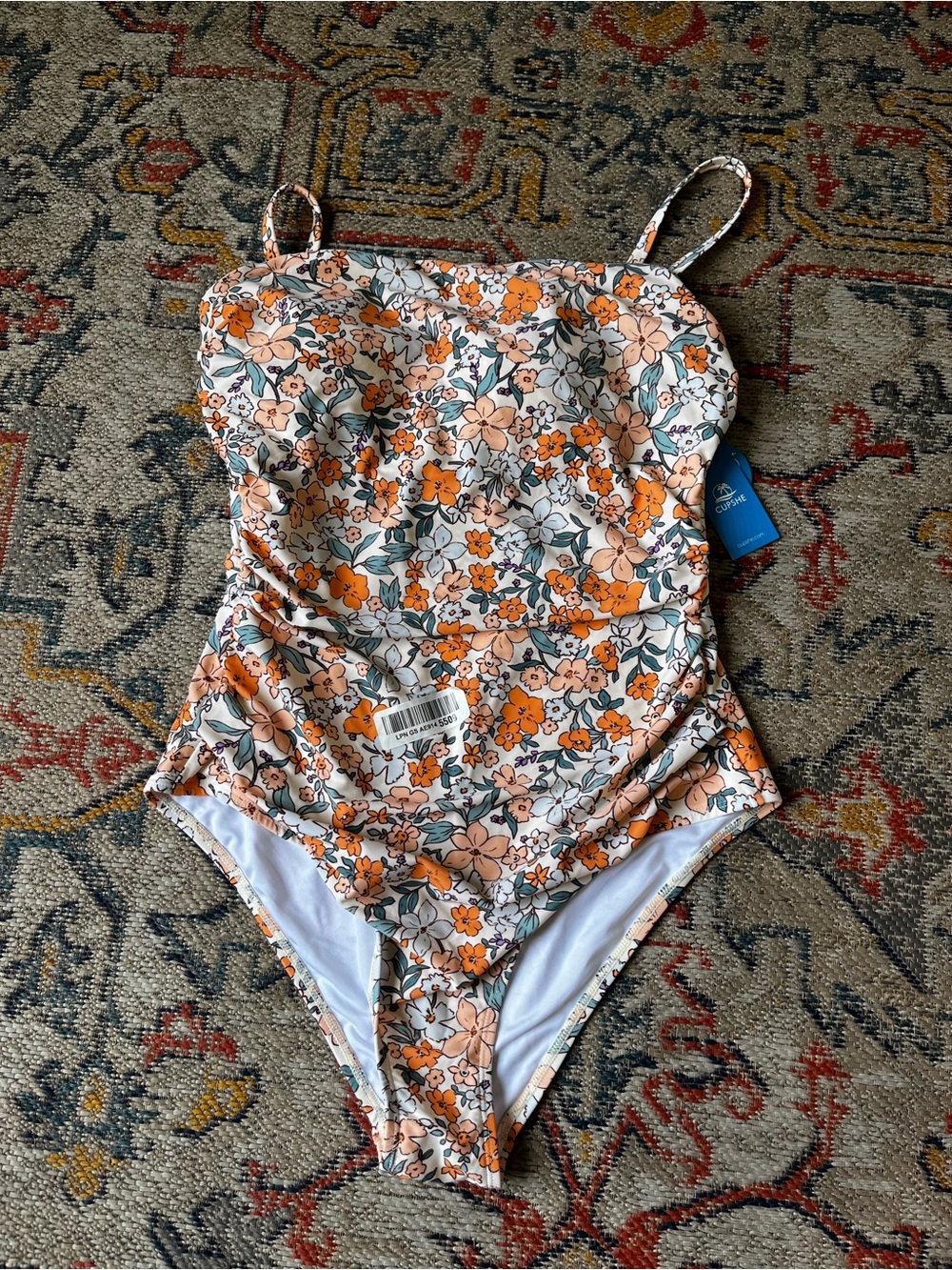 Cupshe Floral One-Piece Swimsuit in Orange, Cream and Green Size L